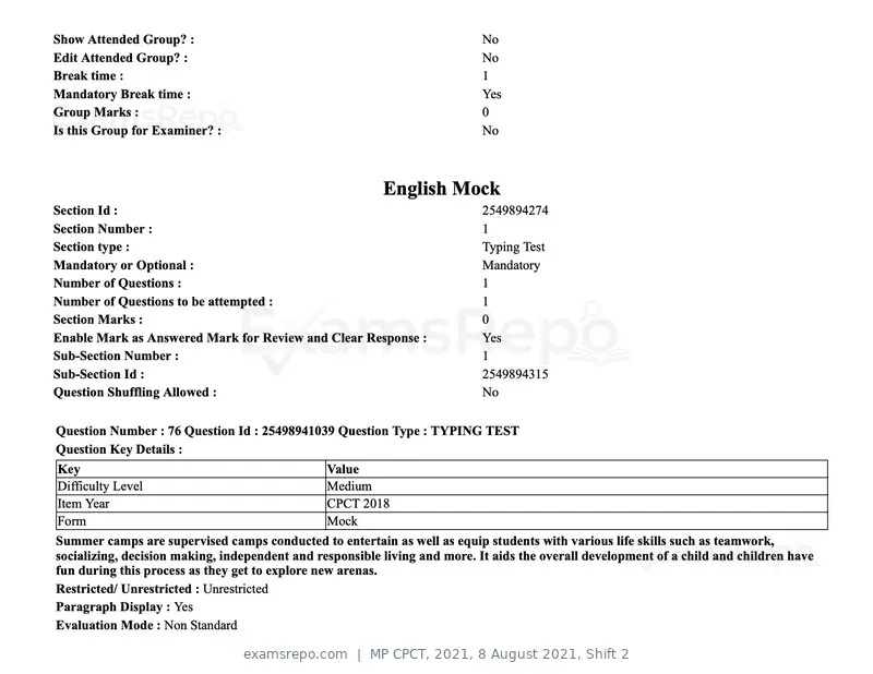 MP CPCT 2021 question paper, 8 August 2021, Shift 2, page 94 of 96