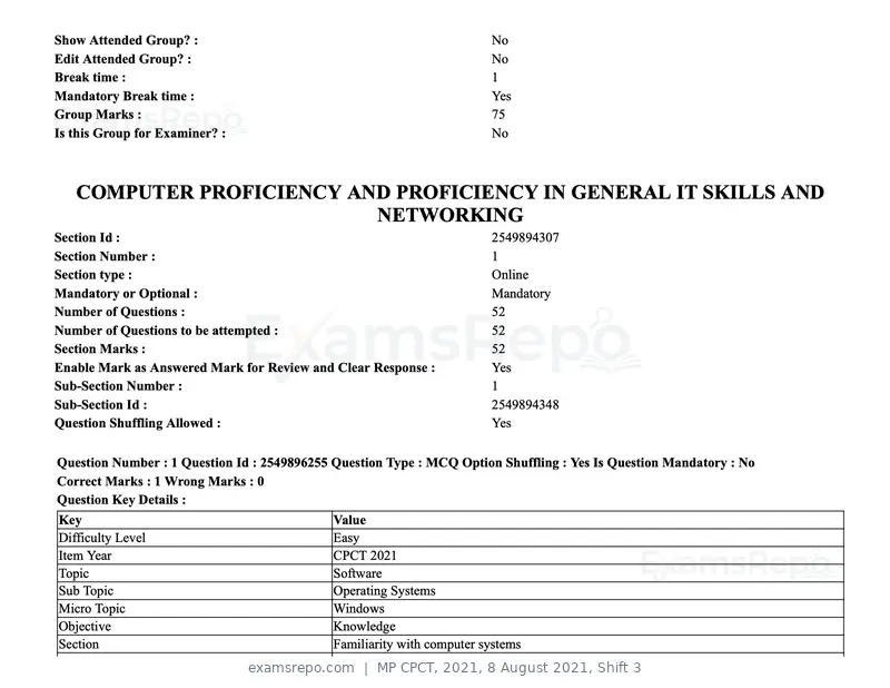 MP CPCT 2021 question paper, 8 August 2021, Shift 3, page 2 of 97