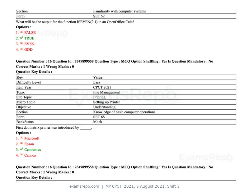 MP CPCT 2021 question paper, 8 August 2021, Shift 3, page 20 of 97