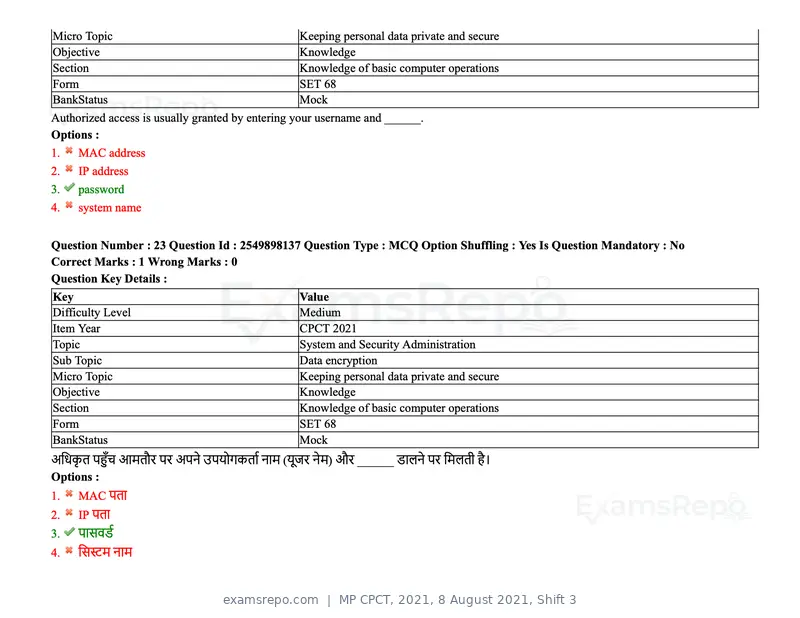MP CPCT 2021 question paper, 8 August 2021, Shift 3, page 29 of 97