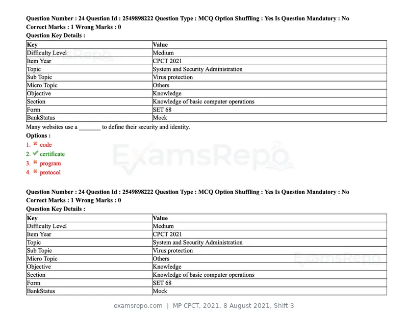 MP CPCT 2021 question paper, 8 August 2021, Shift 3, page 30 of 97
