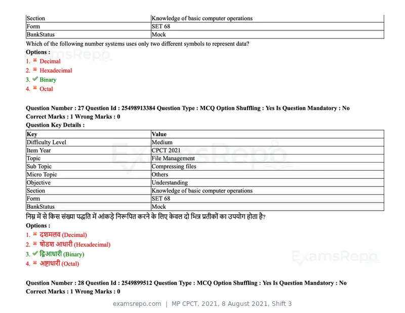 MP CPCT 2021 question paper, 8 August 2021, Shift 3, page 34 of 97