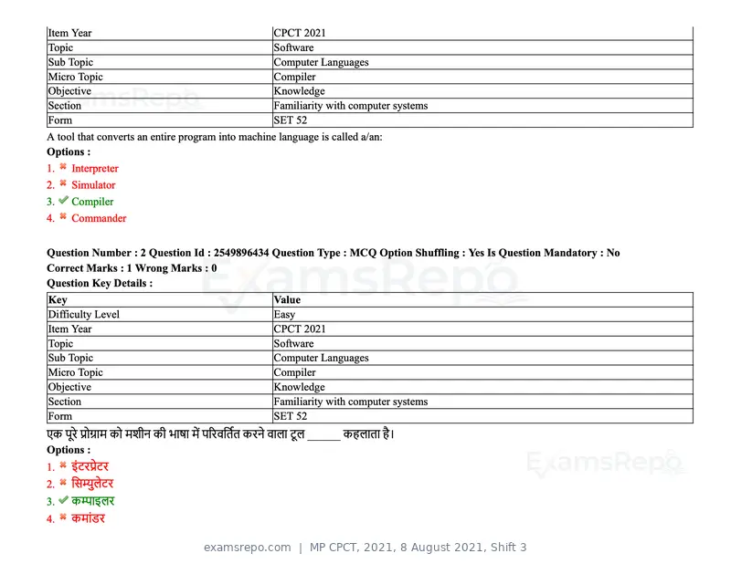 MP CPCT 2021 question paper, 8 August 2021, Shift 3, page 4 of 97