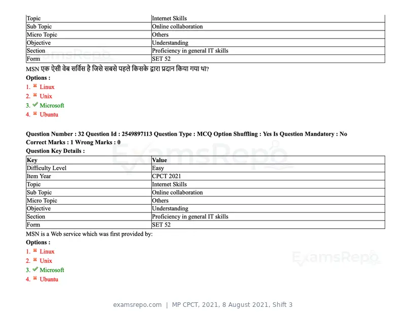 MP CPCT 2021 question paper, 8 August 2021, Shift 3, page 40 of 97