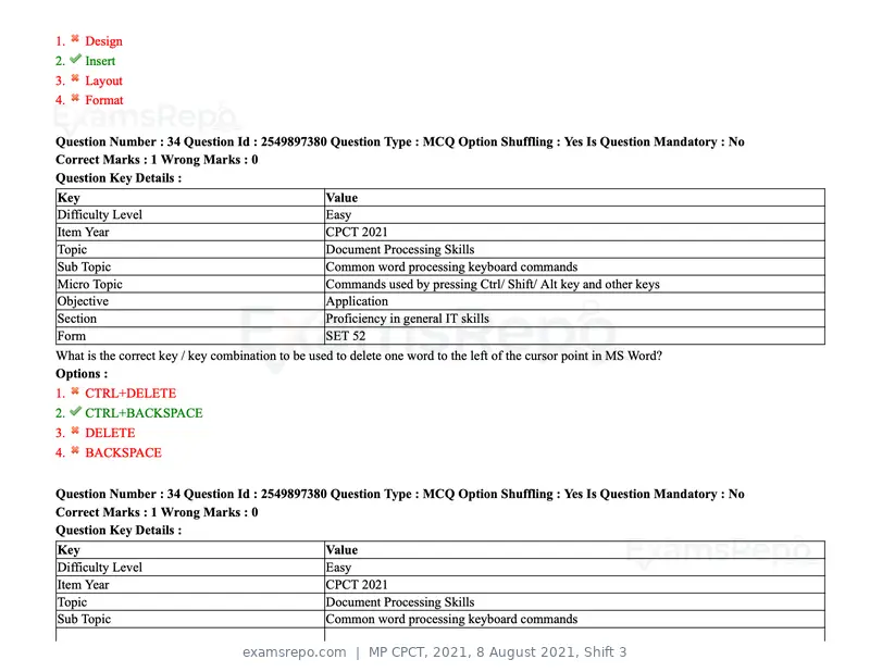 MP CPCT 2021 question paper, 8 August 2021, Shift 3, page 42 of 97