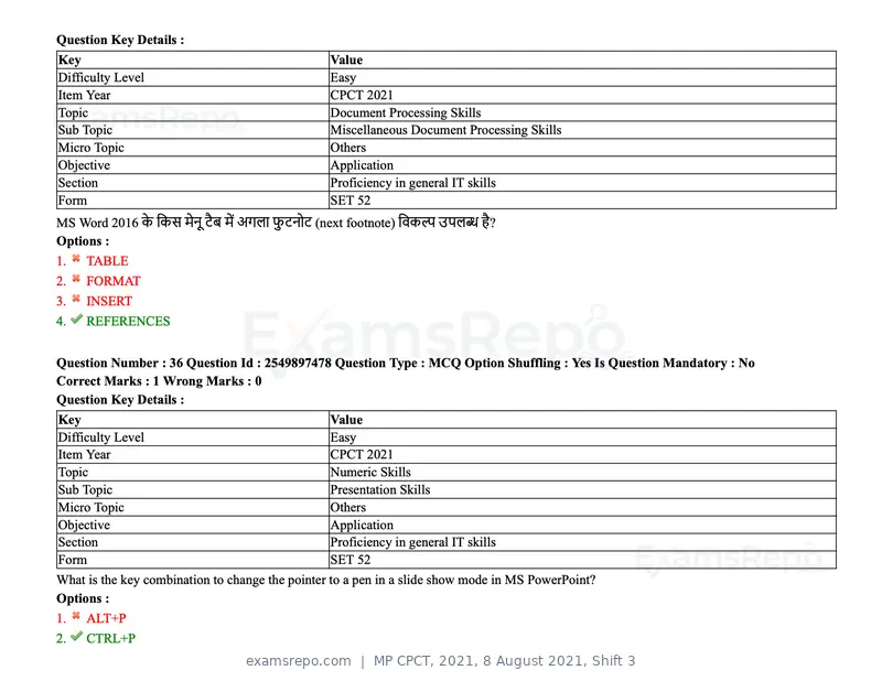 MP CPCT 2021 question paper, 8 August 2021, Shift 3, page 44 of 97
