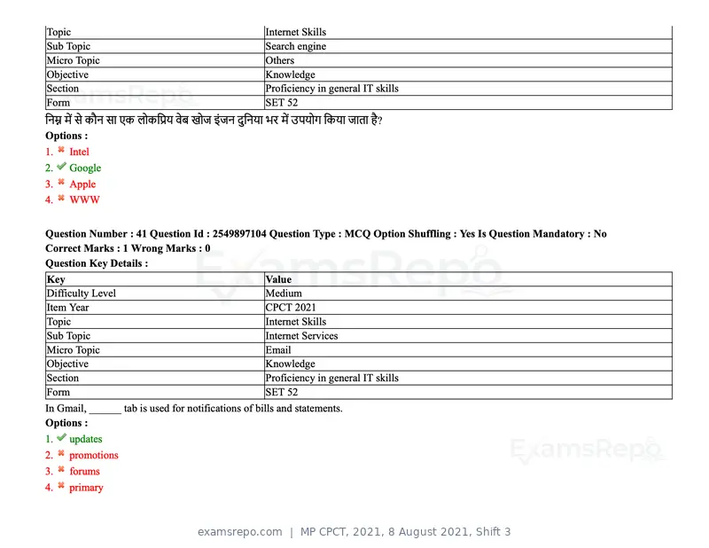 MP CPCT 2021 question paper, 8 August 2021, Shift 3, page 50 of 97