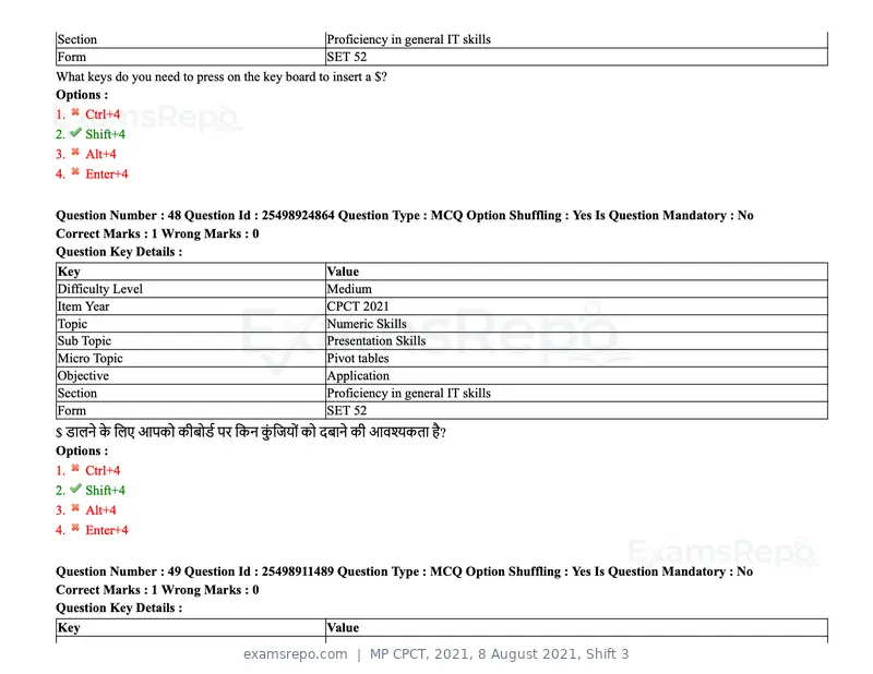 MP CPCT 2021 question paper, 8 August 2021, Shift 3, page 59 of 97