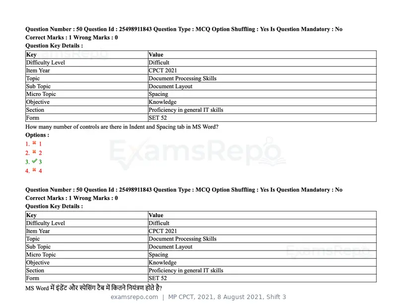 MP CPCT 2021 question paper, 8 August 2021, Shift 3, page 61 of 97