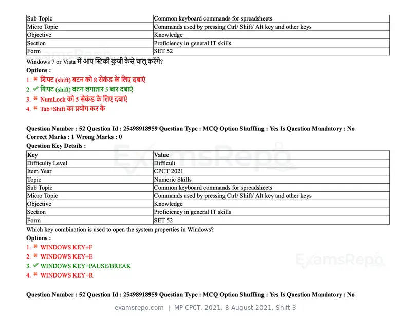MP CPCT 2021 question paper, 8 August 2021, Shift 3, page 63 of 97