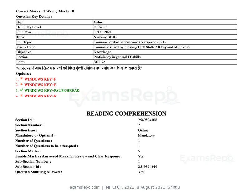 MP CPCT 2021 question paper, 8 August 2021, Shift 3, page 64 of 97