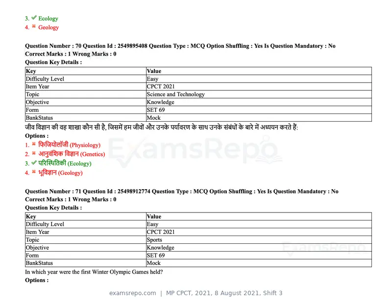MP CPCT 2021 question paper, 8 August 2021, Shift 3, page 88 of 97