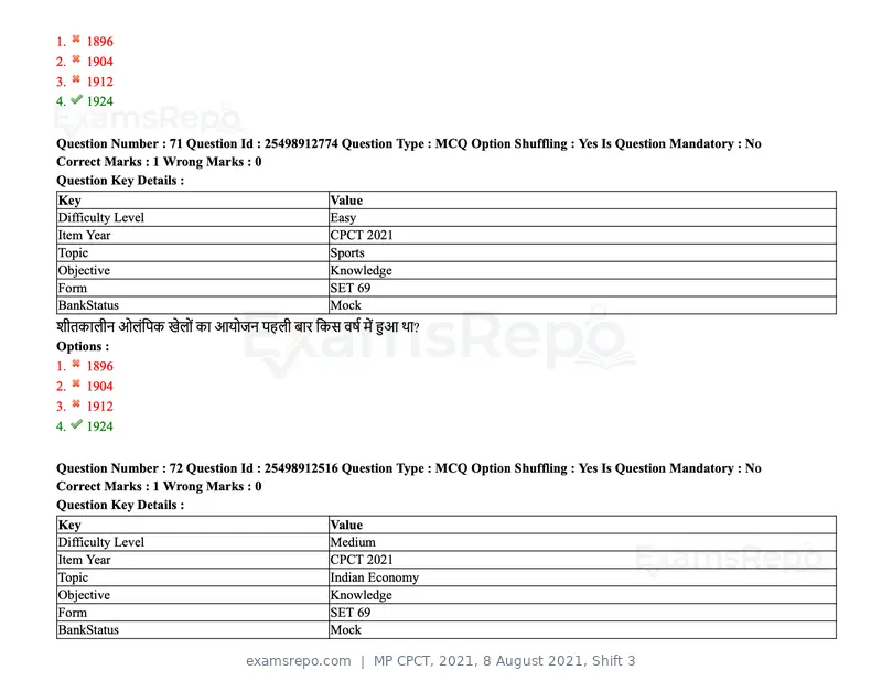 MP CPCT 2021 question paper, 8 August 2021, Shift 3, page 89 of 97