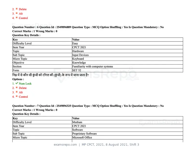 MP CPCT 2021 question paper, 8 August 2021, Shift 3, page 9 of 97