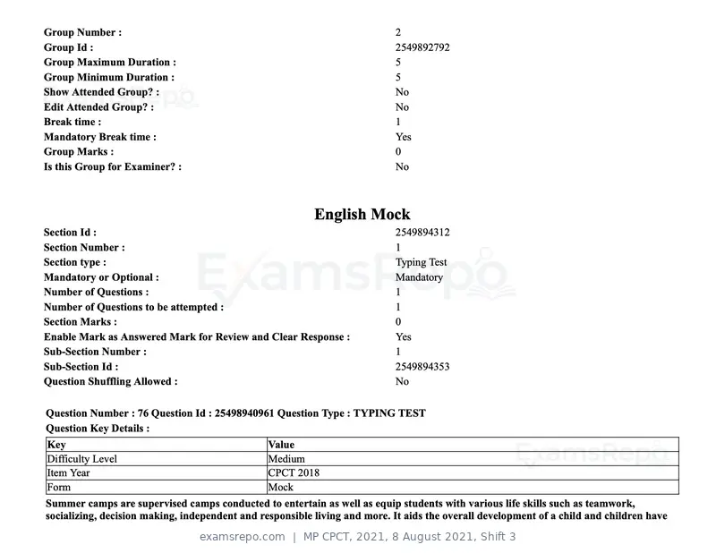 MP CPCT 2021 question paper, 8 August 2021, Shift 3, page 94 of 97