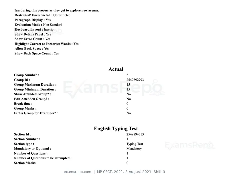 MP CPCT 2021 question paper, 8 August 2021, Shift 3, page 95 of 97