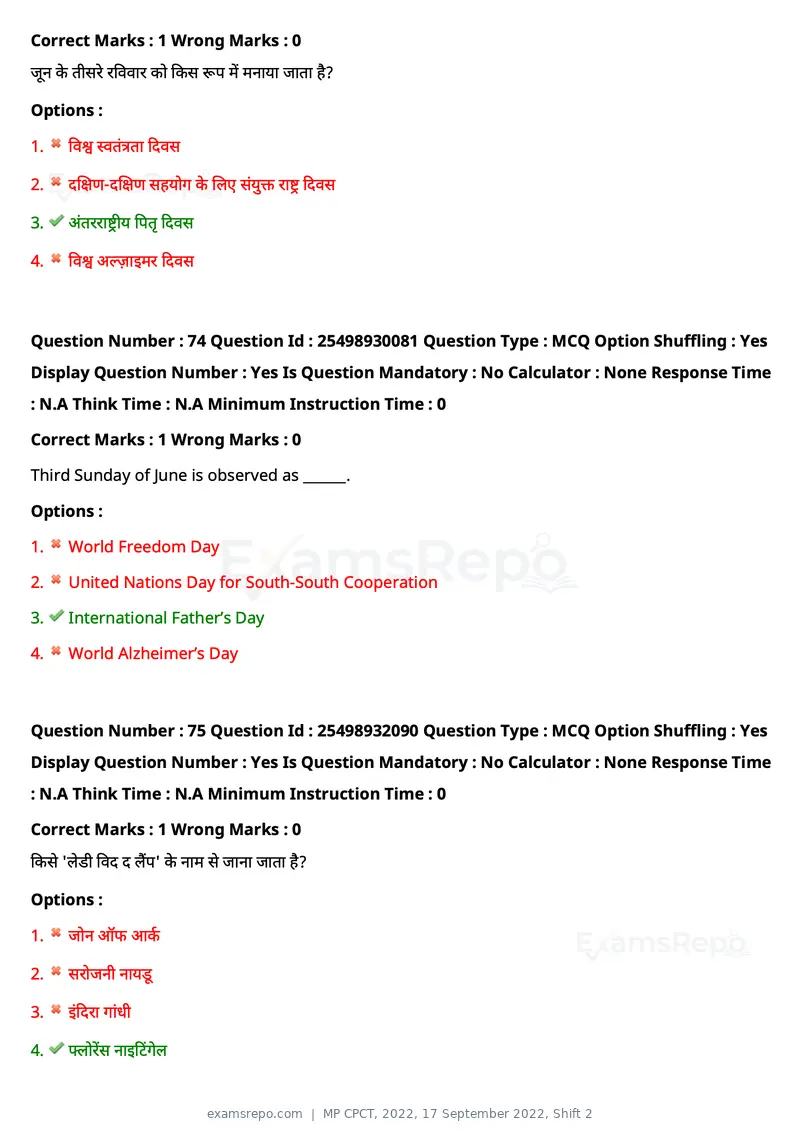 MP CPCT 2022 question paper, 17 September 2022, Shift 2, page 66 of 75
