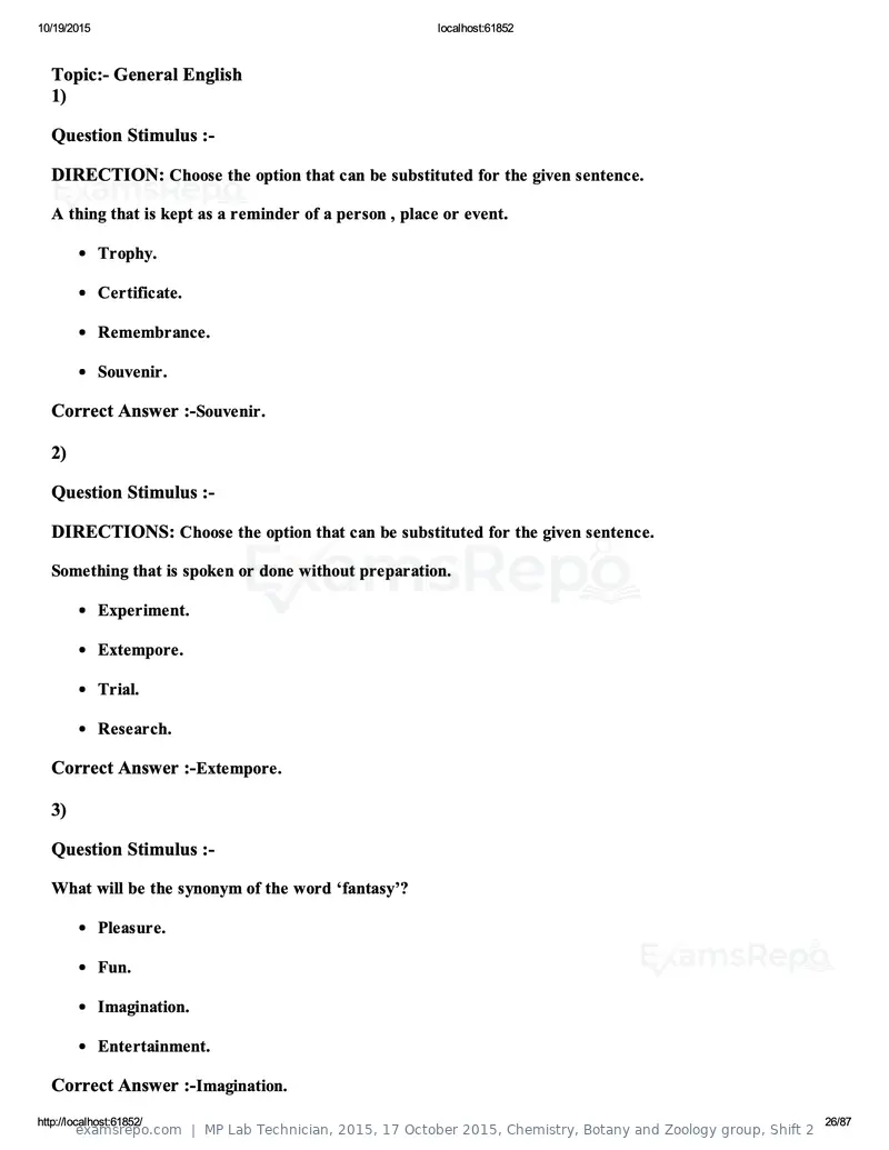 MP Lab Technician 2015 answer key, 17 October 2015, Chemistry, Botany and Zoology group, Shift 2, page 26 of 87