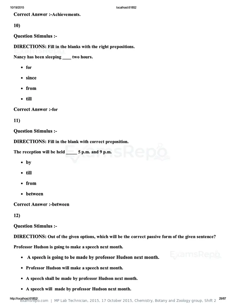 MP Lab Technician 2015 answer key, 17 October 2015, Chemistry, Botany and Zoology group, Shift 2, page 29 of 87