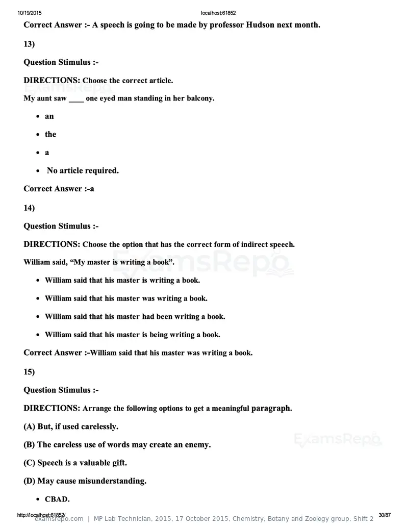 MP Lab Technician 2015 answer key, 17 October 2015, Chemistry, Botany and Zoology group, Shift 2, page 30 of 87