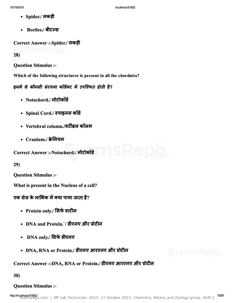 MP Lab Technician 2015 answer key, 17 October 2015, Chemistry, Botany and Zoology group, Shift 2, page 70 of 87