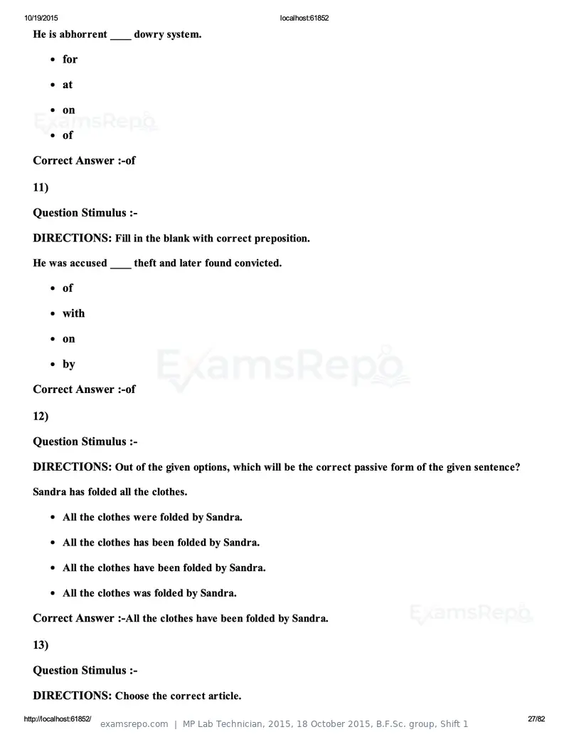 MP Lab Technician 2015 answer key, 18 October 2015, B.F.Sc. group, Shift 1, page 27 of 82