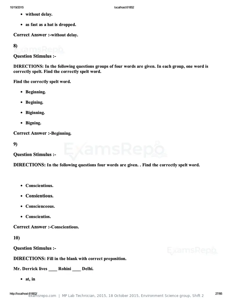 MP Lab Technician 2015 question paper, 18 October 2015, Environment Science group, Shift 2, page 27 of 85