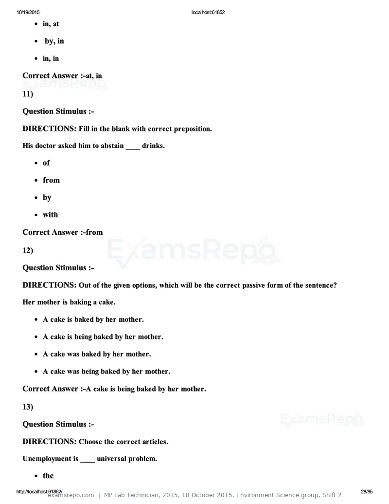 MP Lab Technician 2015 question paper, 18 October 2015, Environment Science group, Shift 2, page 28 of 85
