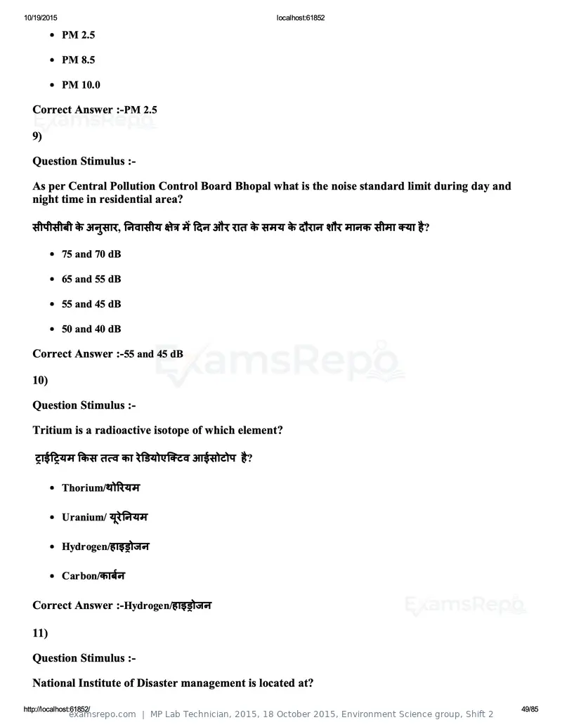 MP Lab Technician 2015 question paper, 18 October 2015, Environment Science group, Shift 2, page 49 of 85
