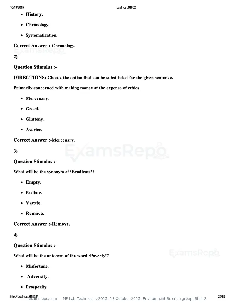 MP Lab Technician 2015 answer key, 18 October 2015, Environment Science group, Shift 2, page 25 of 85