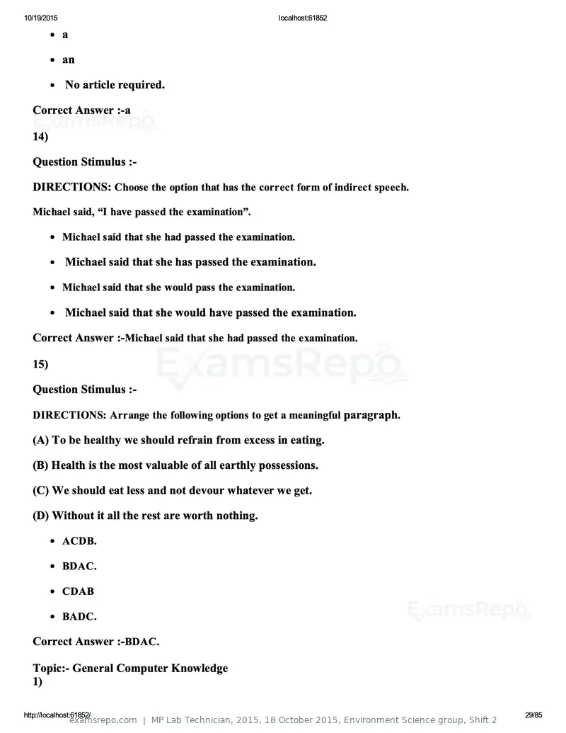 MP Lab Technician 2015 answer key, 18 October 2015, Environment Science group, Shift 2, page 29 of 85