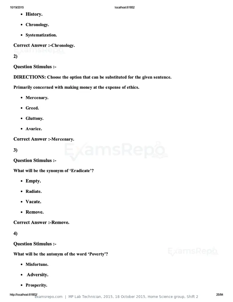 MP Lab Technician 2015 answer key, 18 October 2015, Home Science group, Shift 2, page 25 of 84