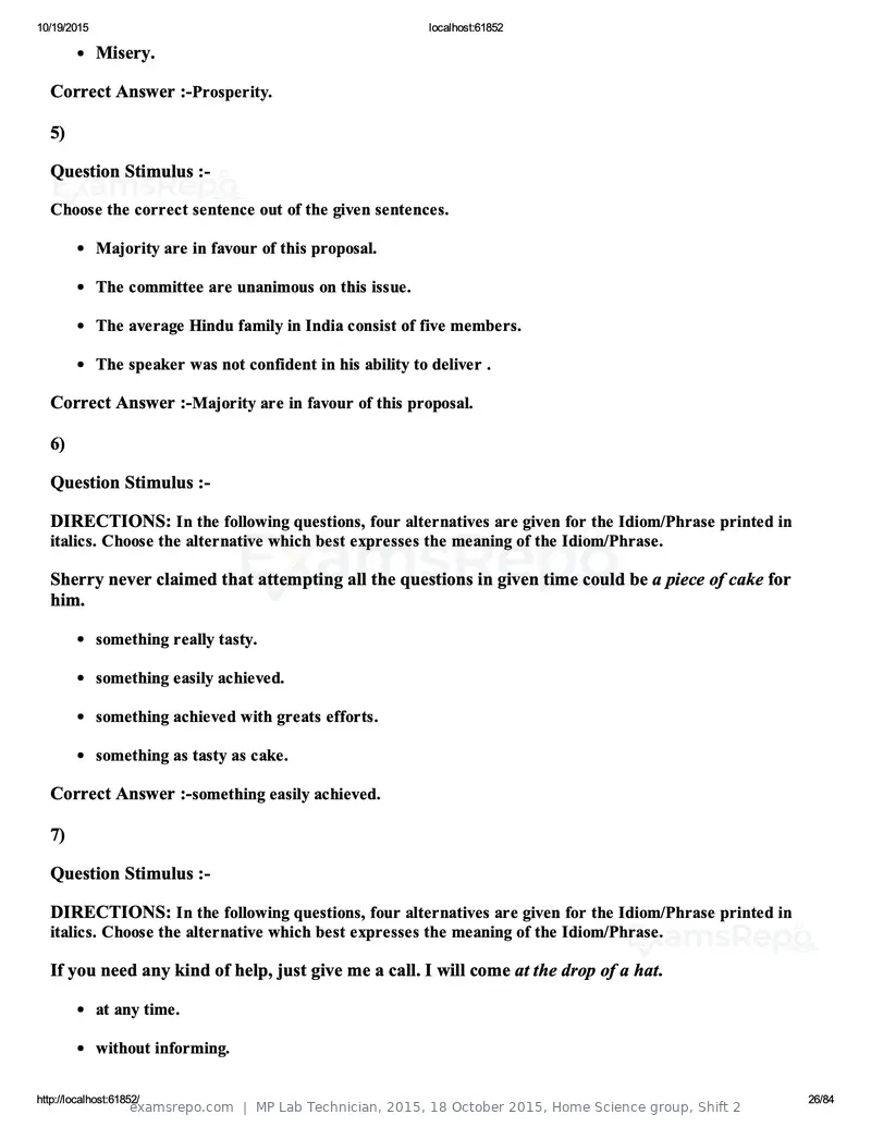MP Lab Technician 2015 answer key, 18 October 2015, Home Science group, Shift 2, page 26 of 84