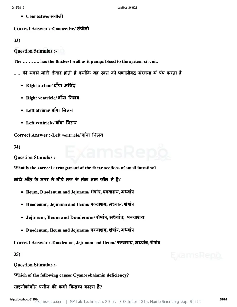 MP Lab Technician 2015 answer key, 18 October 2015, Home Science group, Shift 2, page 58 of 84