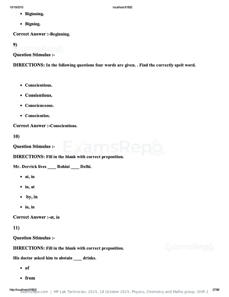 MP Lab Technician 2015 question paper, 18 October 2015, Physics, Chemistry and Maths group, Shift 2, page 27 of 86