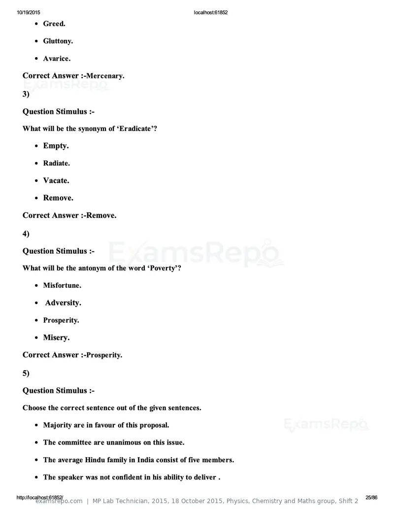 MP Lab Technician 2015 answer key, 18 October 2015, Physics, Chemistry and Maths group, Shift 2, page 25 of 86