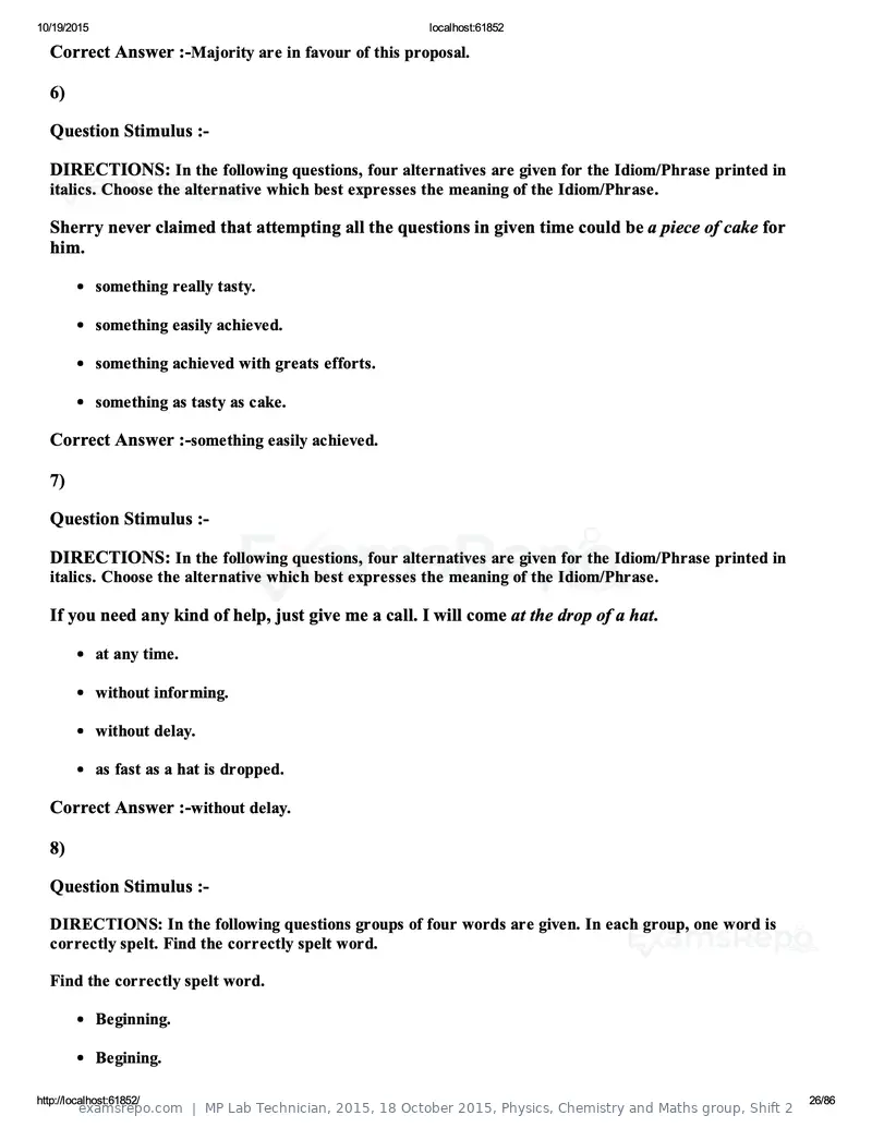 MP Lab Technician 2015 answer key, 18 October 2015, Physics, Chemistry and Maths group, Shift 2, page 26 of 86