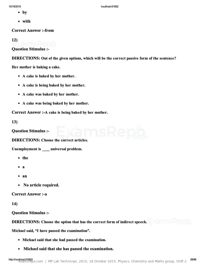 MP Lab Technician 2015 answer key, 18 October 2015, Physics, Chemistry and Maths group, Shift 2, page 28 of 86