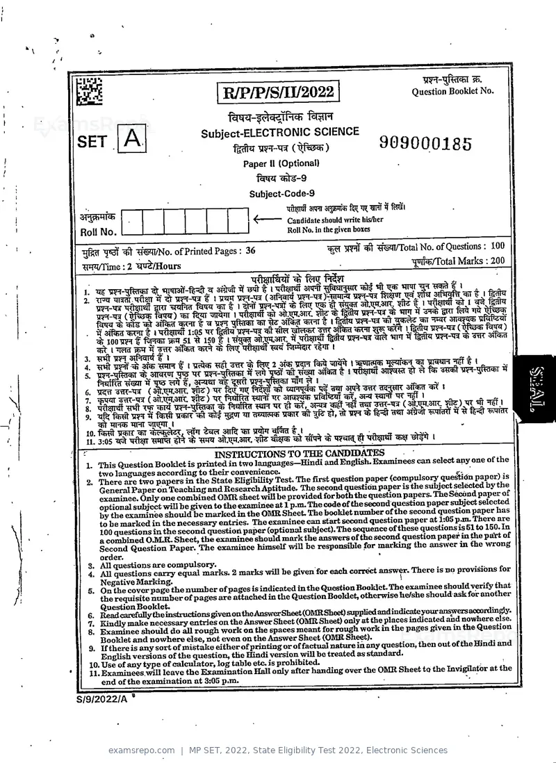MP SET 2022 question paper, State Eligibility Test 2022, Electronic Sciences, page 1 of 40