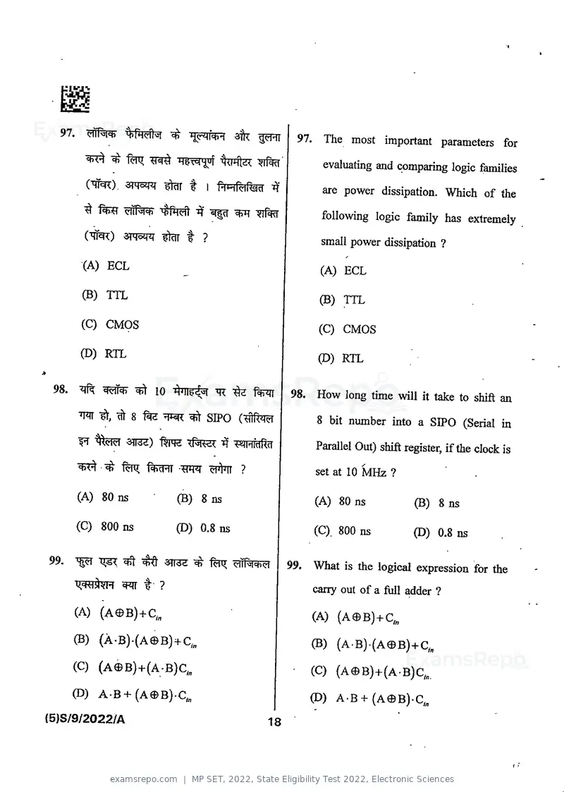 MP SET 2022 question paper, State Eligibility Test 2022, Electronic Sciences, page 20 of 40