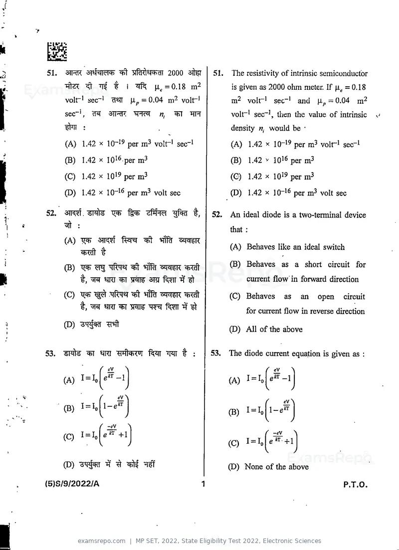 MP SET 2022 question paper, State Eligibility Test 2022, Electronic Sciences, page 3 of 40