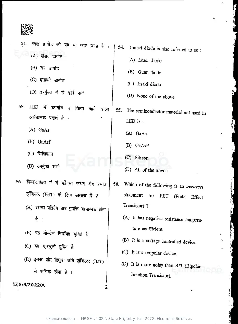 MP SET 2022 question paper, State Eligibility Test 2022, Electronic Sciences, page 4 of 40