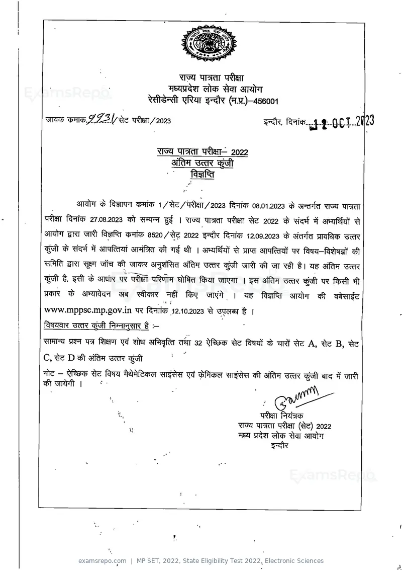 MP SET 2022 answer key, State Eligibility Test 2022, Electronic Sciences, page 1 of 35