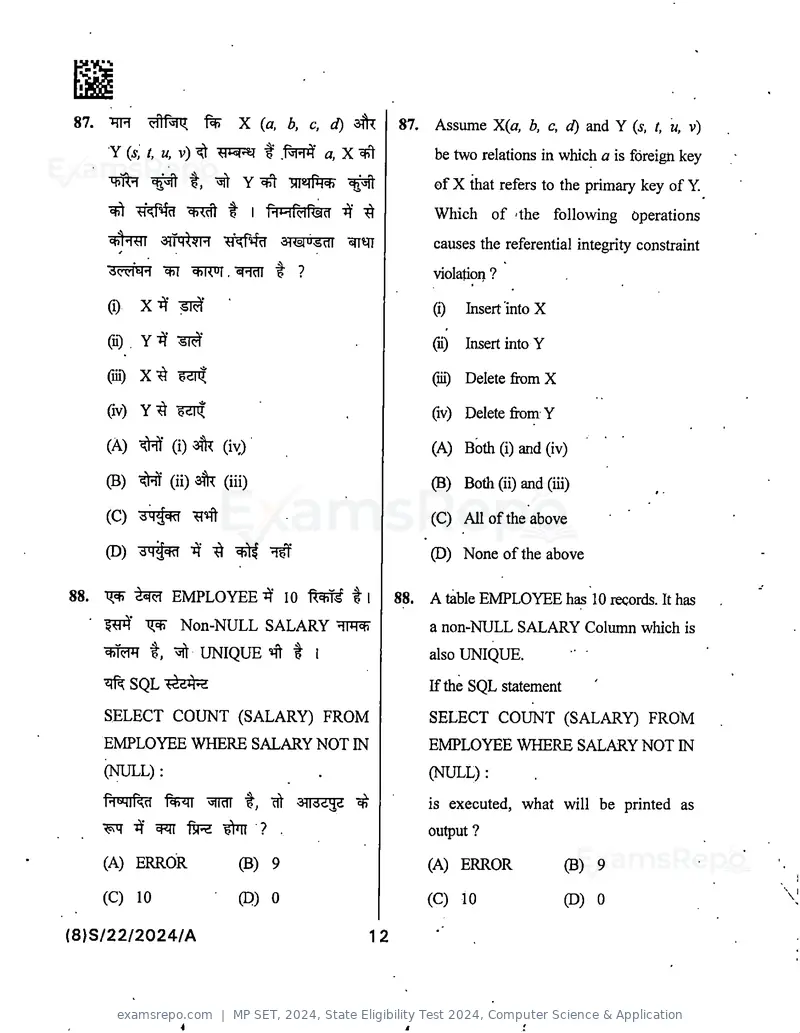 MP SET 2024 question paper, State Eligibility Test 2024, Computer Science & Application, page 14 of 36
