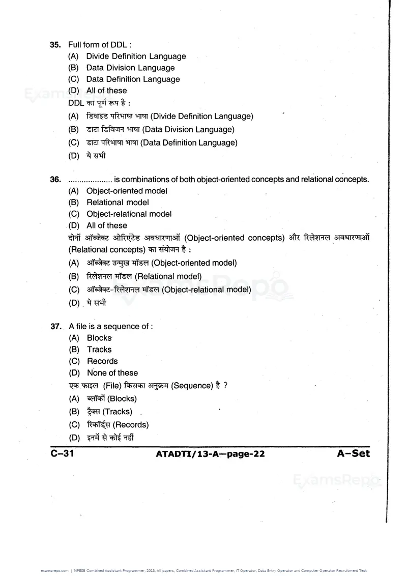 MPESB Combined Assistant Programmer 2013 question paper, All papers, Combined Assistant Programmer, IT Operator, Data Entry Operator and Computer Operator Recruitment Test, page 22 of 48