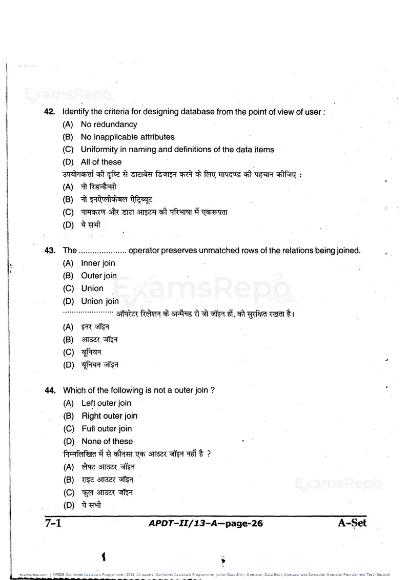 G ~ 3FT Cfia:fff~c ~ cf. Q?liiilLG "tR f.:r~ %, Oif .
1Iift1I$J\l(i1 cnl ~ %I
(A) it cf. v:r~ (8) ~mv:r~
(C) ~ir (D) ~
A~Set APDT""II/13-A-page ..25 7-1'![MPESB Combined Assistant Programmer 2013 question paper, All papers, Combined Assistant Programmer, Junior Data Entry Operator, Data Entry Operator and Computer Operator Recruitment Test (Second), page 26 of 48