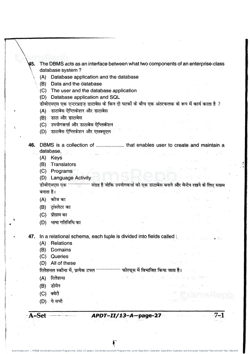 MPESB Combined Assistant Programmer 2013 question paper, All papers, Combined Assistant Programmer, Junior Data Entry Operator, Data Entry Operator and Computer Operator Recruitment Test (Second), page 27 of 48
