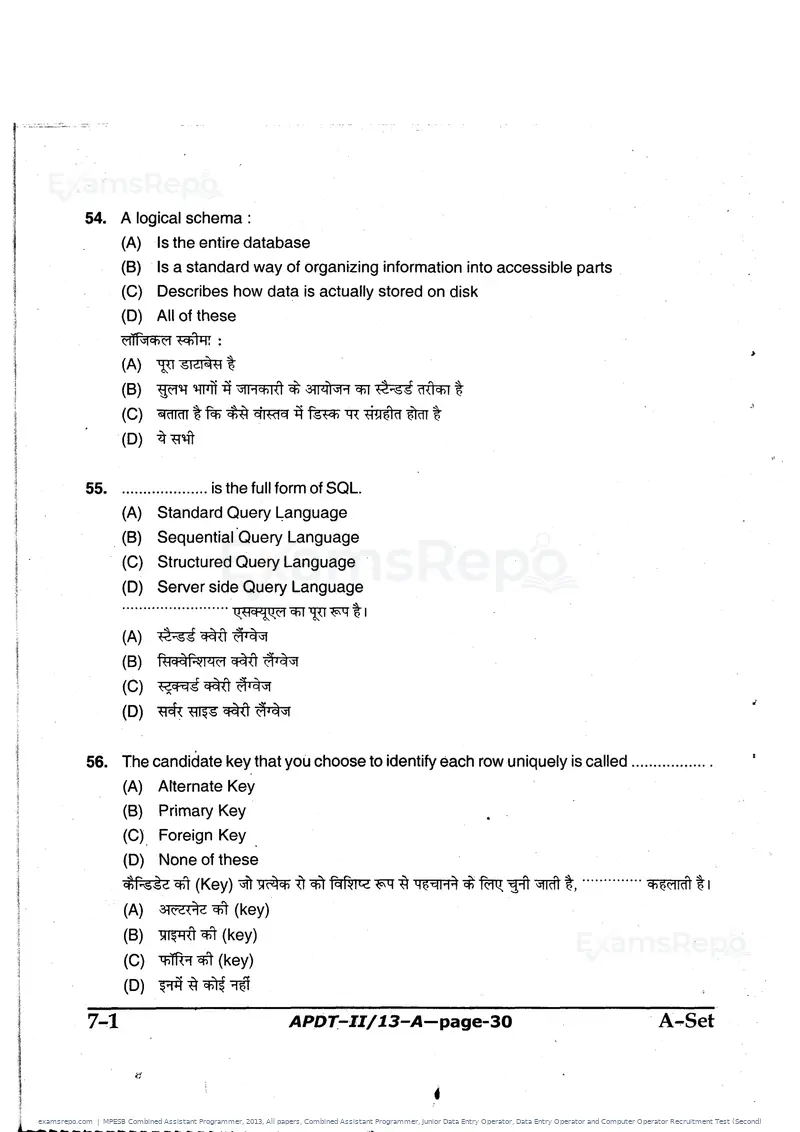 MPESB Combined Assistant Programmer 2013 question paper, All papers, Combined Assistant Programmer, Junior Data Entry Operator, Data Entry Operator and Computer Operator Recruitment Test (Second), page 30 of 48