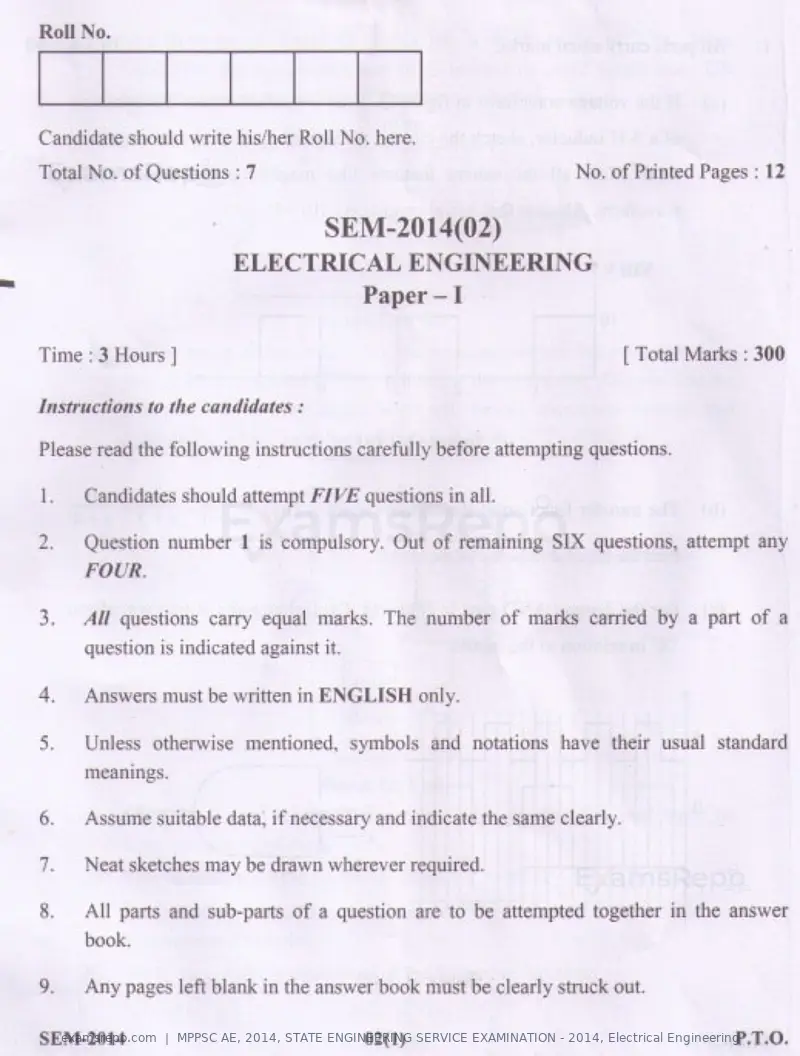 MPPSC AE 2014 question paper, STATE ENGINEERING SERVICE EXAMINATION - 2014, Electrical Engineering, page 1 of 20