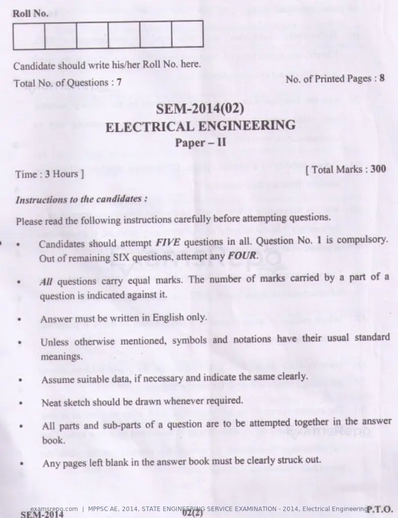 MPPSC AE 2014 question paper, STATE ENGINEERING SERVICE EXAMINATION - 2014, Electrical Engineering, page 13 of 20